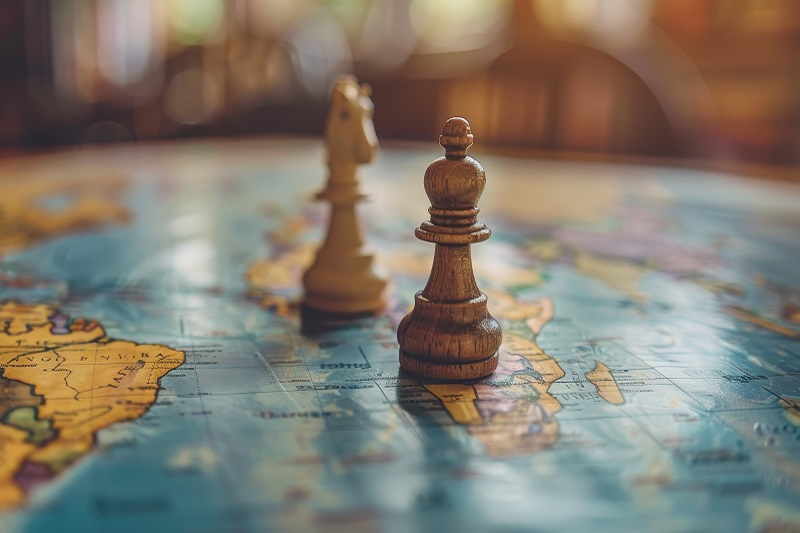 Two chess pieces on top of world map
